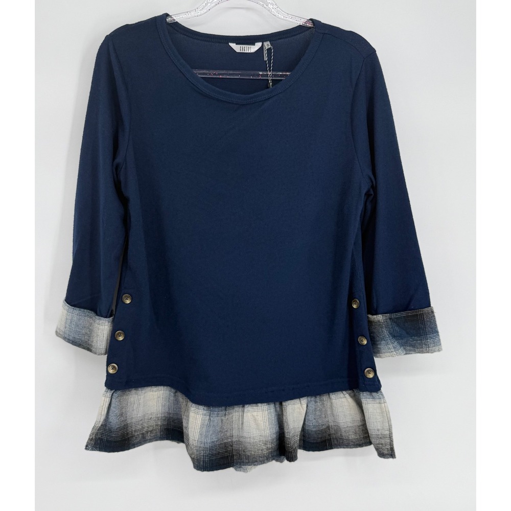 Kaktus Womens Navy Plaid Trim Button Accent Knit Top NEW Size S Original $38